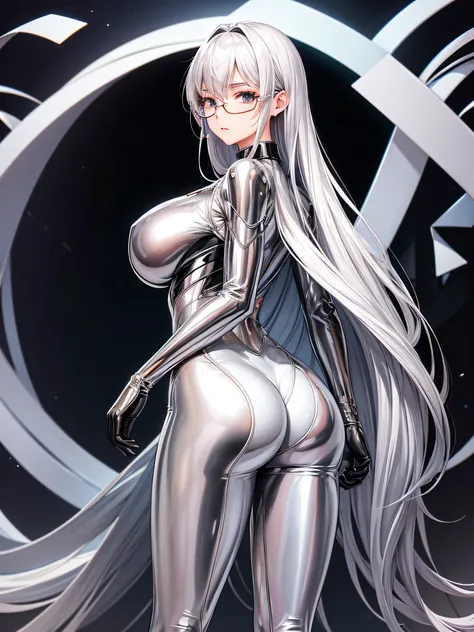 5 8K UHD、Silver-haired beauty in a shiny full-body silver suit with glasses is looking back showing her buttocks、Beauty with shiny silver latex suit glasses with hidden skin、Upper body only