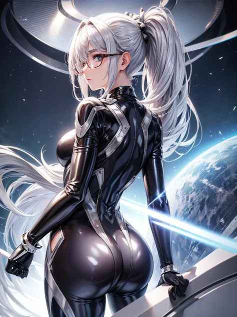 5 8K UHD、Silver-haired beauty in a shiny full-body silver suit with glasses is looking back showing her buttocks、Beauty with shiny silver latex suit glasses with hidden skin、Upper body only