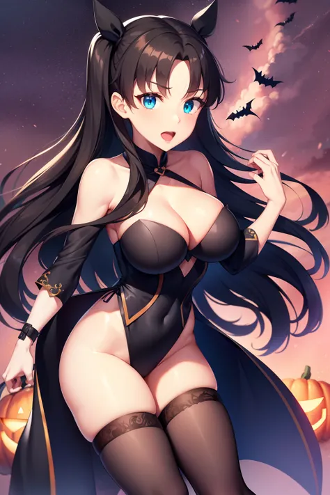 Rin Tohsaka, Rin Tohsaka, aqua eyes, Black hair, Hair Ribbon, Long hair, bow ribbon, side locks, (black thighhighs:1.3), Naughty big、Big breasts emphasis,BREAK outside, BREAK looking at viewer, BREAK (masutepiece:1.2), Best Quality, High resolution, Unity ...