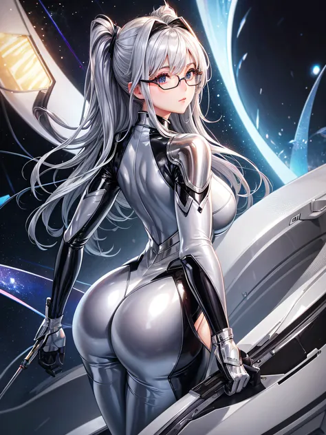 5 8K UHD、Silver-haired beauty in a shiny full-body silver suit with glasses is looking back showing her buttocks、Beauty with shiny silver latex suit glasses with hidden skin、Upper body only