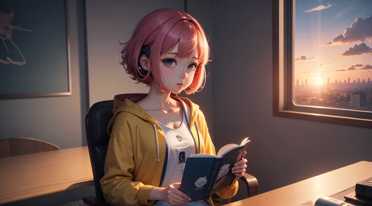 Menina anime sentada em uma mesa com um livro e fones de ouvido, Anime Art Wallpaper 4K, Anime Art Wallpaper 4K, estilo anime 4K, Anime Art Wallpaper 8K, menina lofi, Papel de parede anime 4k, Anime Wallpaper 4k, 4k anime wallpapers, anime girl desktop bac...