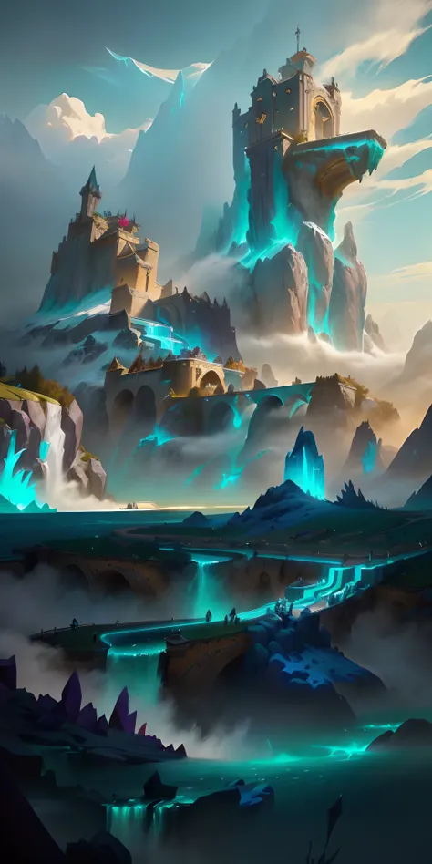 league of legends gameplay style，there is a fantasy landscape painting, odin's stone arena background, stylized concept art, art...