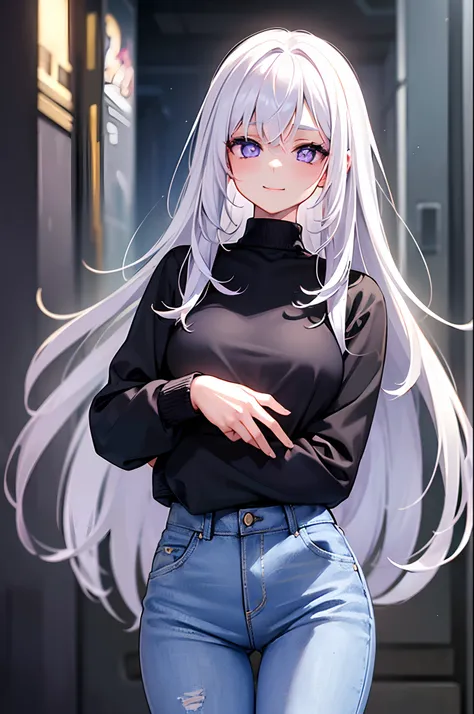 ((​masterpiece)(1girl in)、white  hair、Lilac glowing eyes、Down Style、Black sweater、high-waisted jeans、A slight smil、interview