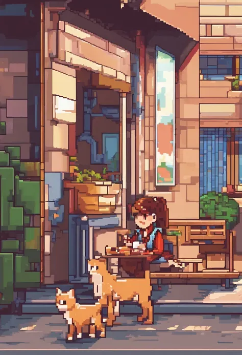 ((in the style of pixel art)), a girl feeding stray cat, pixel, 4 bits pixel art, pixel official art, ultra detailed pixel art, pixel art