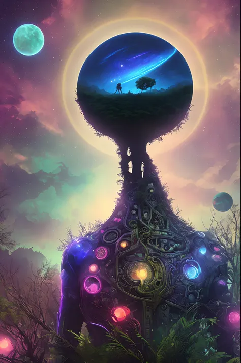 Claro, Heres a prompt for a t-shirt print:

**Description of the print:**

A T-shirt print depicting a distant alien planet with surreal landscapes. The planet is characterized by having purple skies and three giant moons that hover over the horizon. Nas m...