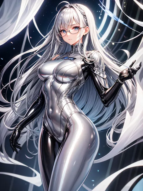 5 8K UHD、Muscular and silver-haired beauty in shiny full-body silver suit with glasses with hands folded behind her head、Shiny silver latex suit with hidden skin、Only from the waist up