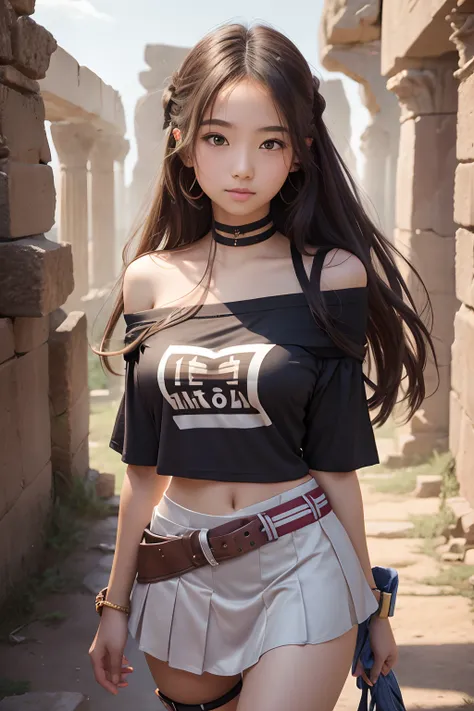 High school girl visiting ancient ruins, off shoulder t-shirt, Active miniskirt, sandal, The length of hair to the shoulders