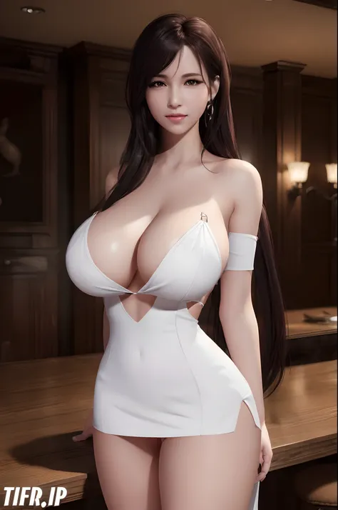 (masterpiece:1.3), (High resolution:1.1), Detailed beautiful face, Detailed beautiful, (huge breasts, gigantic breasts:1.4, arafed woman in a white dress posing in a kitchen, seductive tifa lockhart portrait, photorealistic perfect body, realistic shaded p...