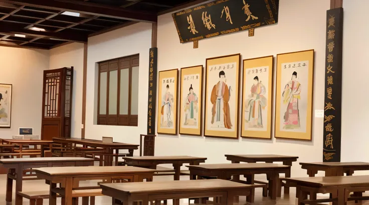 There were plenty of tables and chairs in the room，There are paintings on the walls, museum ink painting,, with ancient chinese aesthetic, museum setting, author：Liao Zhichun, displayed on the walls, Wearing ancient Chinese clothes, Chinese tradition, muse...