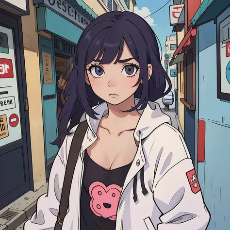 (La mejor calidad:0.8), (La mejor calidad:0.8), perfect anime illustration, Retrato extremo de una mujer bonita caminando por la ciudad, cabello rosado, (Facial expression of a random person asking you something on the street), Thinking About Facial Expres...