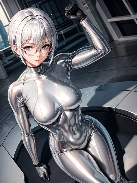 5 8K UHD、Muscular and silver-short-haired beauty in shiny seamless full-body silver suit with glasses with hands folded behind her head、Shiny silver latex suit with hidden skin、Only from the waist up