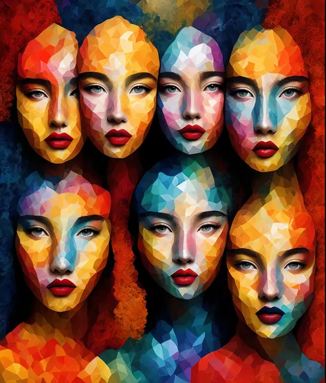 painting features three women with faces and backgrounds, in the style of illusory tessellations, animals and people, abstract whispers, red and beige, colorful fantasy realism, masks and totems, mosaic composition