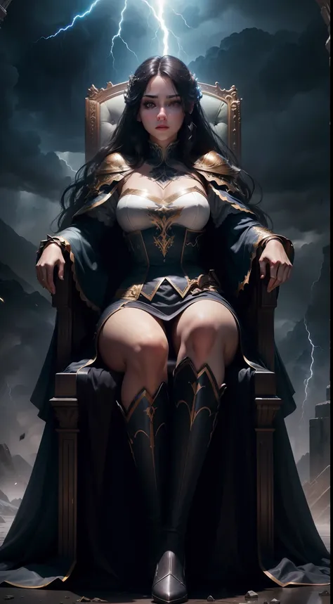 princesse sexy face glowing eyes face portrait with thunder storm Epic full body outfit sitting inGreat Legendary throne hyper realistic super detailed Dynamic pose Dynamic shot master piece