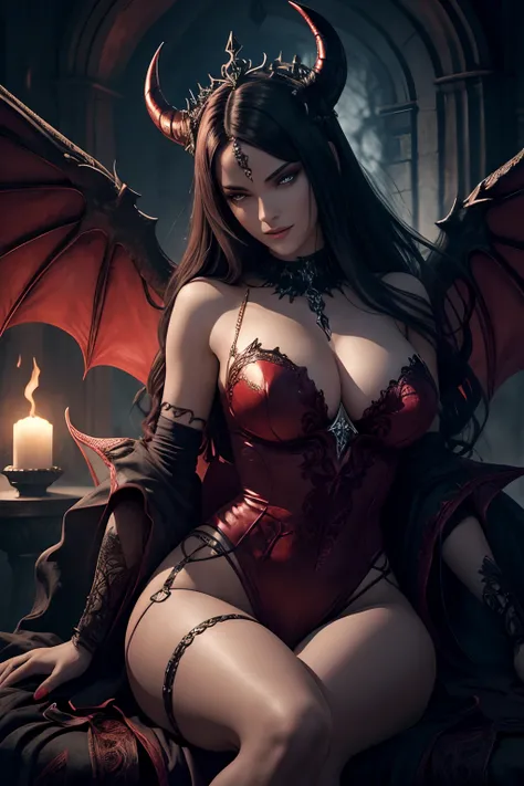 ultra detailed Rihana as Satan sur le Trone de lenfer, diablesse, Robe sexy noire et rouge, demon wings, Demon horn, Realistic detailed eyes, Context of the chaos of hell and destruction, Evil queen, looking straight at camera, souriant avec satisfaction, ...