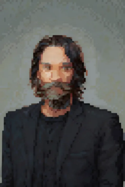 ((in the style of pixel art)), a man, black hair, black suit, beard, pixel, 4 bits pixel art, pixel official art, ultra detailed pixel art, pixel art