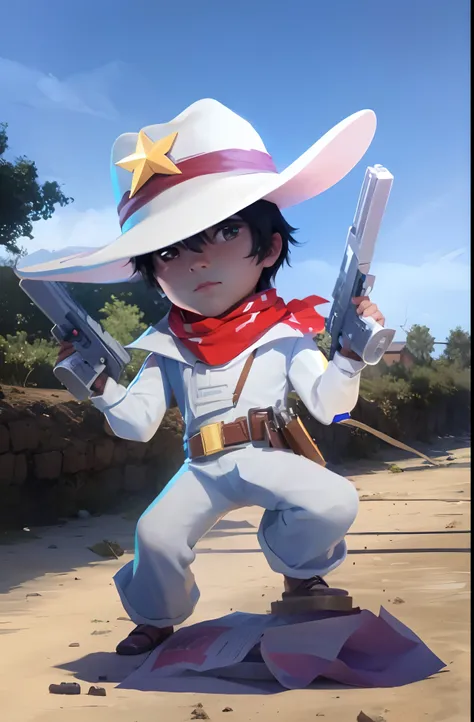 1boy, Sherif, ultra realistic, white uniform, Bandana and newspaper around neck, holding two guns, one gun on waist, black hair, wearing cowboy hat