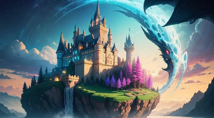 Depict a fantastical scenario where a castle stands atop a fantastical mountain range, with mythical creatures and magical elements surrounding it. Paint the castle with a sense of enchantment, using vibrant and whimsical colors to bring it to life. Incorp...