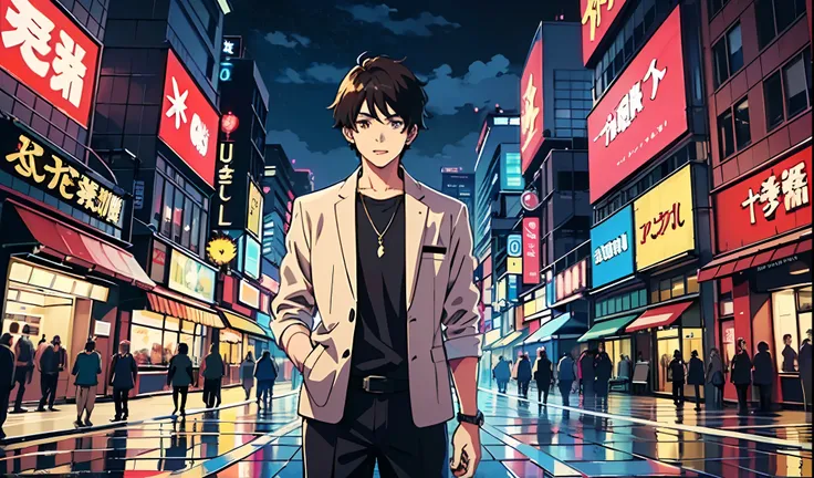 (highres,realistic:1.37),vibrant colors,anime,confident boy with dark hair and bold eyes, wearing stylish clothes, standing in a cityscape background at nighttime. The boy has a confident expression and is shown with his mouth slightly open, revealing perf...