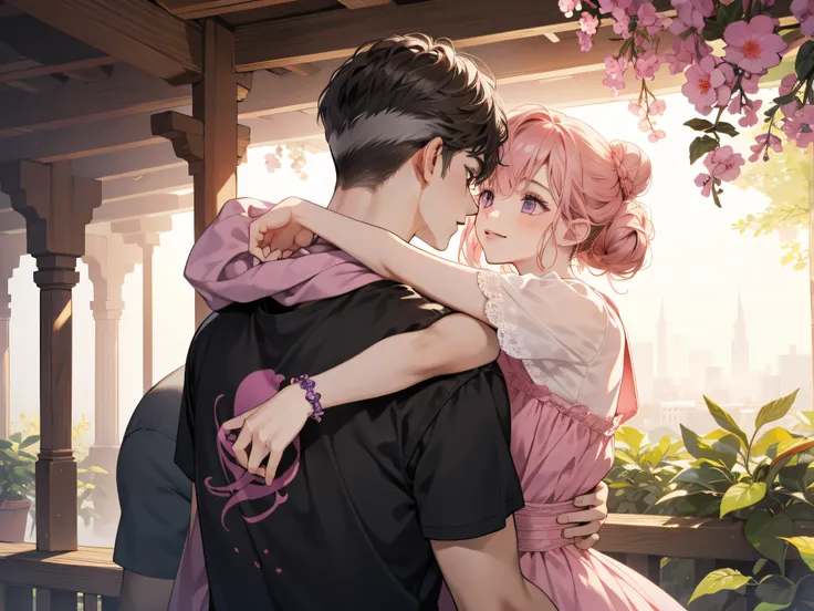 couple, 1 Girl 1 Boy, different hair color, Girl with pink hair，Bun and purple eyes, Boy with short dark brown hair and gray eyes, Romance, （Girl hugs boy from behind）