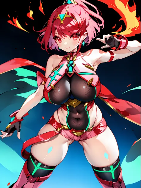 pyra (xenoblade), teen_1girl, loli, bangs, black gloves, breasts, red eyes, shout, earrings, eyelashes, fingerless gloves, floating hair, , gem, gloves, hair ornament, headpiece, jewelry, gigantic_breasts, leaning back, swimsuit, neon trim, official art, p...