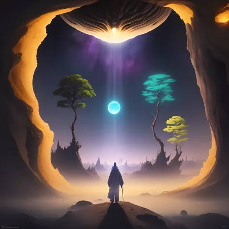 Claro, Heres a prompt for a t-shirt print:

**Description of the print:**

A T-shirt print depicting a distant alien planet with surreal landscapes. The planet is characterized by having purple skies and three giant moons that hover over the horizon. Nas m...