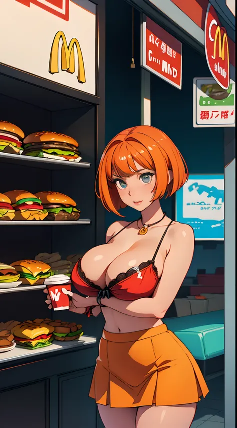 girl with、(hot:1.2)、mcdonalds、short_hair、bob cuts、huge tit、orange_hair、cleavage of the breast、A sexy、hamburgers、Ultra mini skirt、A black man is next to you