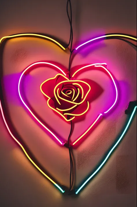 A rose flower, flower heart, lines neon lights, bright --auto --s2