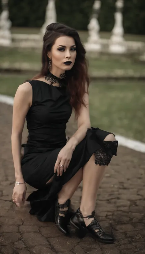 Wearing a gothic leather skirt，Wear a gothic sleeveless T-shirt，Wearing a gothic collar，Gothic makeup，A beautiful Korean girl，Wear gothic heels，With a ponytail，Gothic style tattoos，Cinematic lighting，submission，Full body shot，4K Ultra Clear，s the perfect f...