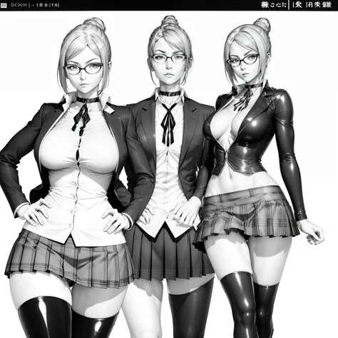 Manga sketch, 1girl as shiraki meiko,hair bun, glasses,school uniform, black thighhighs, plaid skirt, knee boots, ribbon choker, brown jacket black bodysuit, sweat droplet over body, unzipped,striped, midriff, detailed eyes, detailed face, detailed skin,ma...
