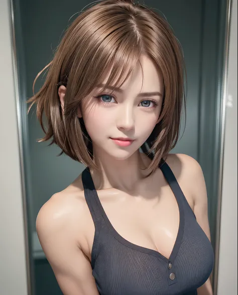 Top quality, ultra high resolution, (photorealistic: 1.4), beautiful eyes, super beautiful, short hair, beautiful breasts, lover, t-shirt with rough chest, eyes inviting viewer, lovers eyes, inviting facial expressions, sexy smile, perfect style, perfect b...