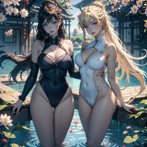 6 Female，Stand in a row，Beauty contests，sexyposture，Married Woman，A MILF，熟妇，mature，extremely large bosom，plumw（Background with：Mare，Cherry blossom forest，lotus flower）Lie underwater， She has short blonde hair，cabelos preto e longos，bobo head，seen from the ...