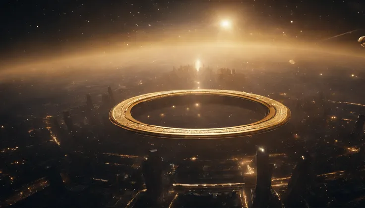 Between the stars in space，A city of gold built on a huge ring floats in space