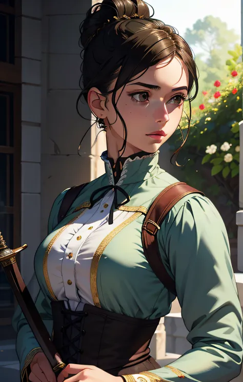 photorealistic, (hyperrealistic:1.2), beautiful, masterpiece, best quality, extremely detailed face, perfect lighting, full body, fencer, detailed clothes, hair bun, olive skin, victorian clothes, swordswoman, mature