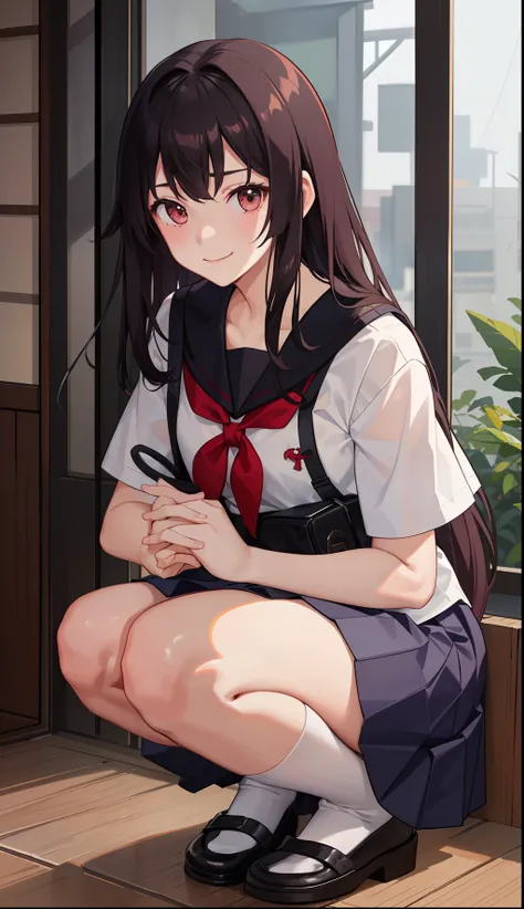 1girl in、A smile、The shirt、skirt by the、（small tits）Chilarism、Japan High School Student Uniform、serafuku、summer clothing、Squall Drenched Uniform、（Sheer Bra）、Upper body portrait、Squatting panchira、