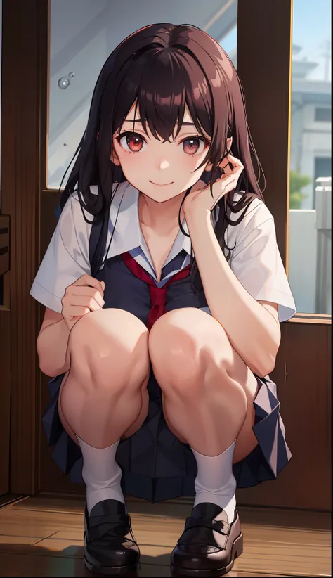 1girl in、A smile、The shirt、skirt by the、（small tits）Chilarism、Japan High School Student Uniform、serafuku、summer clothing、Squall Drenched Uniform、（Sheer Bra）、Upper body portrait、Squatting panchira、