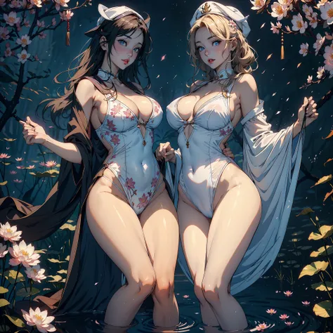 3 females，Stand in a row，Beauty contests，sexyposture，Married Woman，A MILF，熟妇，mature，extremely large bosom，plumw（Background with：Mare，Cherry blossom forest，lotus flower）Lie underwater， She has short blonde hair，cabelos preto e longos，bobo head，seen from the...