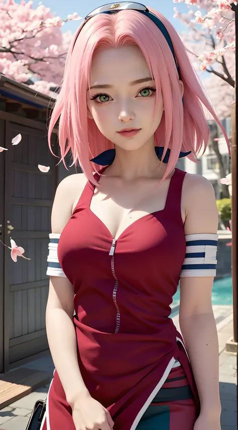 tmasterpiece， best quality at best， 1girll， sakura haruno， large breasts，off-the-shoulder attire，（cleavage)，（upperbody closeup)，...