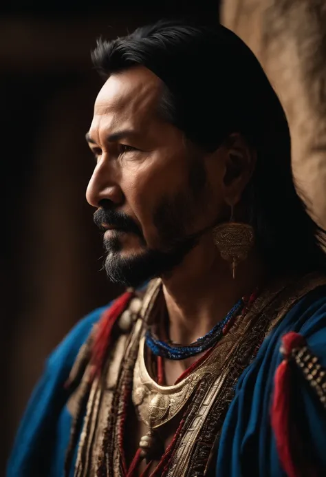 Keanu Reeves portrait photo of a asia old warrior chief, tribal panther make up, blue on red, side profile, looking away, serious eyes, 50mm portrait photography, hard rim lighting photography–beta –ar 2:3 –beta –upbeta –beta –upbeta –beta –upbeta