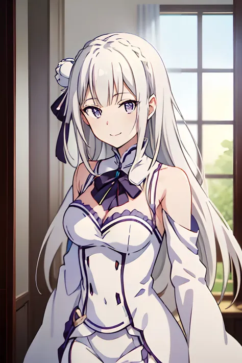 ​masterpiece, top-quality, hi-res, super beautiful, beautiful picture, rezero emily, anime style, a smile, white hair