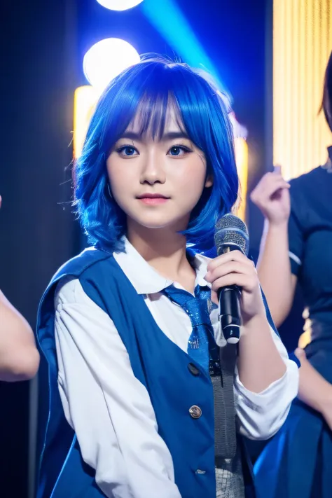 freya from JKT48, idol, indonesian girl, ash blue hair, wearing a blue japanese school unform, in the stage, close up, looking at camera, cinematic, sharp lense, professional photographie, 70mm lense, soft light, colorful background, 4k