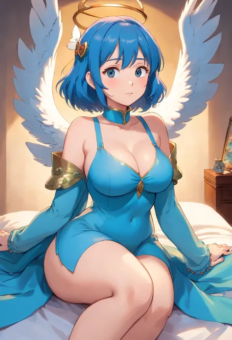 a close up of a woman with big breasts sitting on a bed, sfw huge breasts, detailed and soft, super wide angel, covered sfw huge breasts, thicc, big breasts, big breasts!, giant stunning goddess shot, big breasts!!, anime highly detailed, queen of the fair...