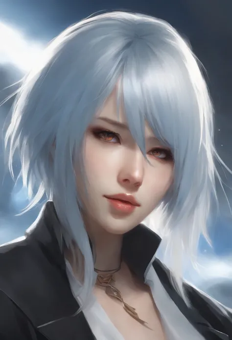 full shot of rimuru tempest, sky blue straight hair, long bangs, with amber eyes, wearing a fancy black jacket, high collar, ultra detailed, brush strokes, digital painting, cinematic, wlop artstation, closeup, pixiv, intense, intimidating glare, photoreal...