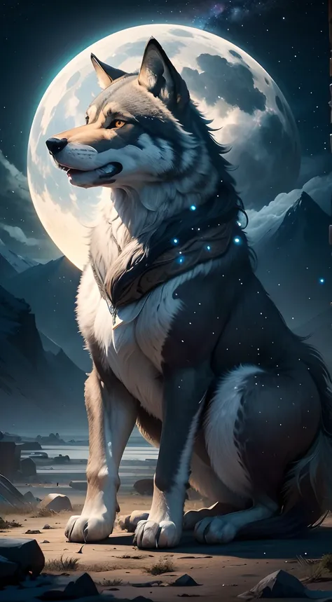 A strong and strong wolf，中景 the scene is，（Full body appearance），View the night sky，standing on your feet，Roared and rushed into the night sky，Delicate depiction of hair，（Extremely detailed depiction of the wolfs body），Empty night sky，Transparent Nebula，pag...