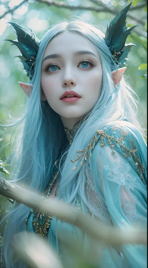 Dilraba Dilmurat as pointy ears elf, heavy gothic makeup, light blue platinum long silky straight hair, very detailed beautiful face, ethereal magical forest background, photorealistic, hyperrealism, professional photography, DSLR, HDR