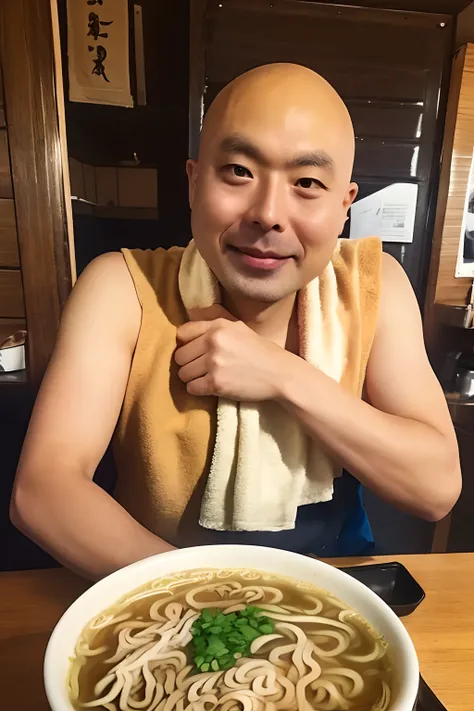 baldness、Male one、8K、Best Quality、realistic photo shot、(Ramen shop owner:1.4)、Ramen is served、(Arm Crossing Pose:1.3)、(Wrap a towel around your head:1.2)、Busaic