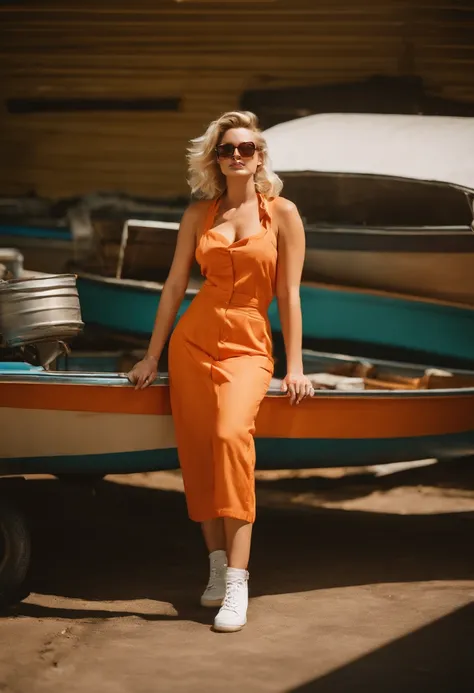 natural 35mm F4 full body photo of shapely blond female prettylittlething model chef wearing stockings and sunglasses and tight open orange shirt big chest in a old boat dealership on summers day with film grain and noise added in post processing