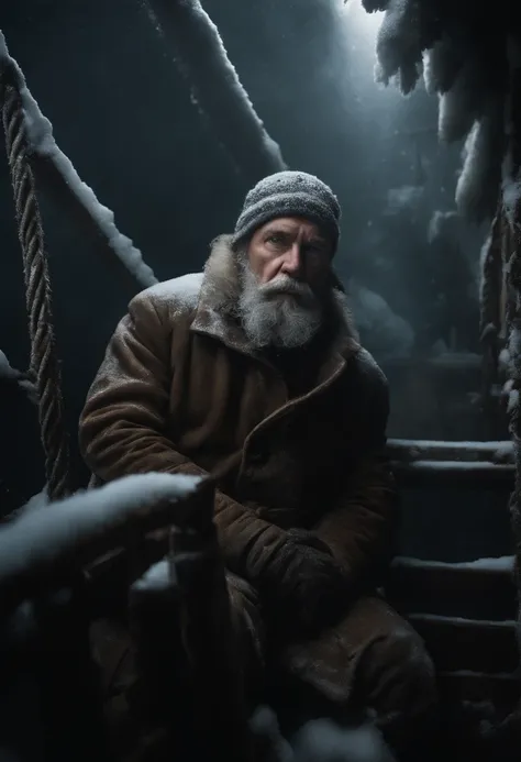 A ship crew member, frozen to death, stands inside an old ship in the sea. The ship is covered in snow, evoking a chilling and desolate atmosphere. The crew members expression is stoic and solemn, as if frozen in time. The details of his face, including hi...