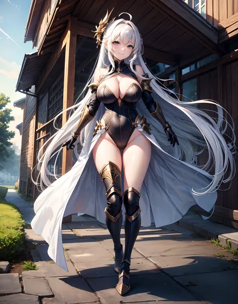 Woman knight、a beauty girl、huge tit、Excellent style、Nice Buddy、glamorous、Black leotard armor、gauntlets、greave、hair adornments、silber hair、Longhaire、Ahoge、cleavage of the breast、Exposure、directly in front、１Person-person perspective、Looking at the camera、is ...