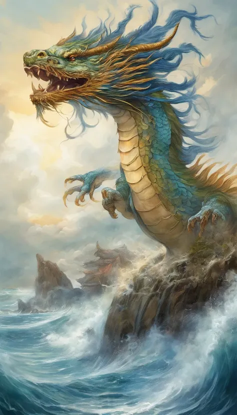 Vickers style, The graphics in the poster design are ocean colors, Chinese dragon in ink painting,, As a water god, Living in the North Sea, Control thunderstorms at sea, an ancient Chinese god,  Super sharp,Realistic details,Auspicious clouds, depth of fi...