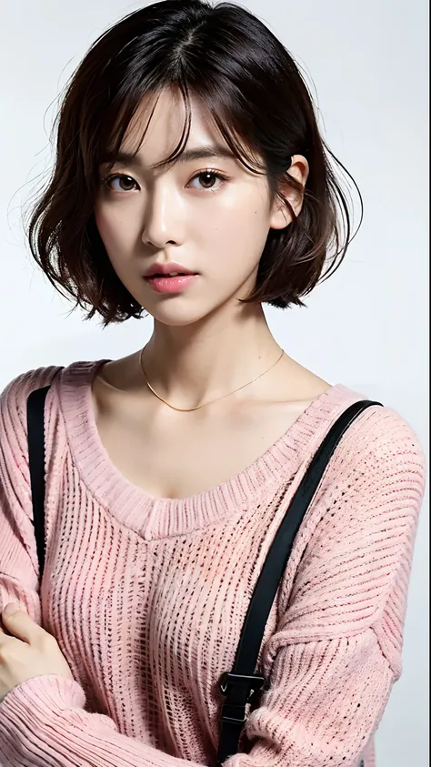 (Best Quality, 8k, 32k, Masterpiece, UHD: 1.2), Cute Japan Woman Pictures, Big, Very Short Bob Hair, Upper Body, Face Focus, oversized_sweater, Necklace, Simple Background, From Above, Looking Viewer, Pink Thin Lips, Small Nose